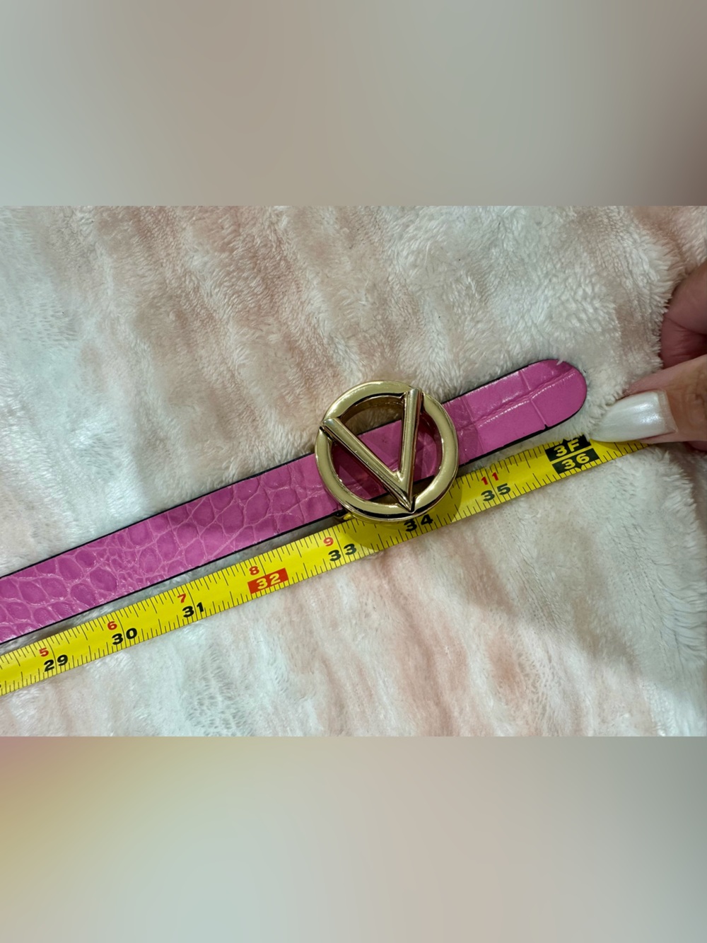 Valentino Pink Croc-Embossed Belt with Gold Logo Buckle